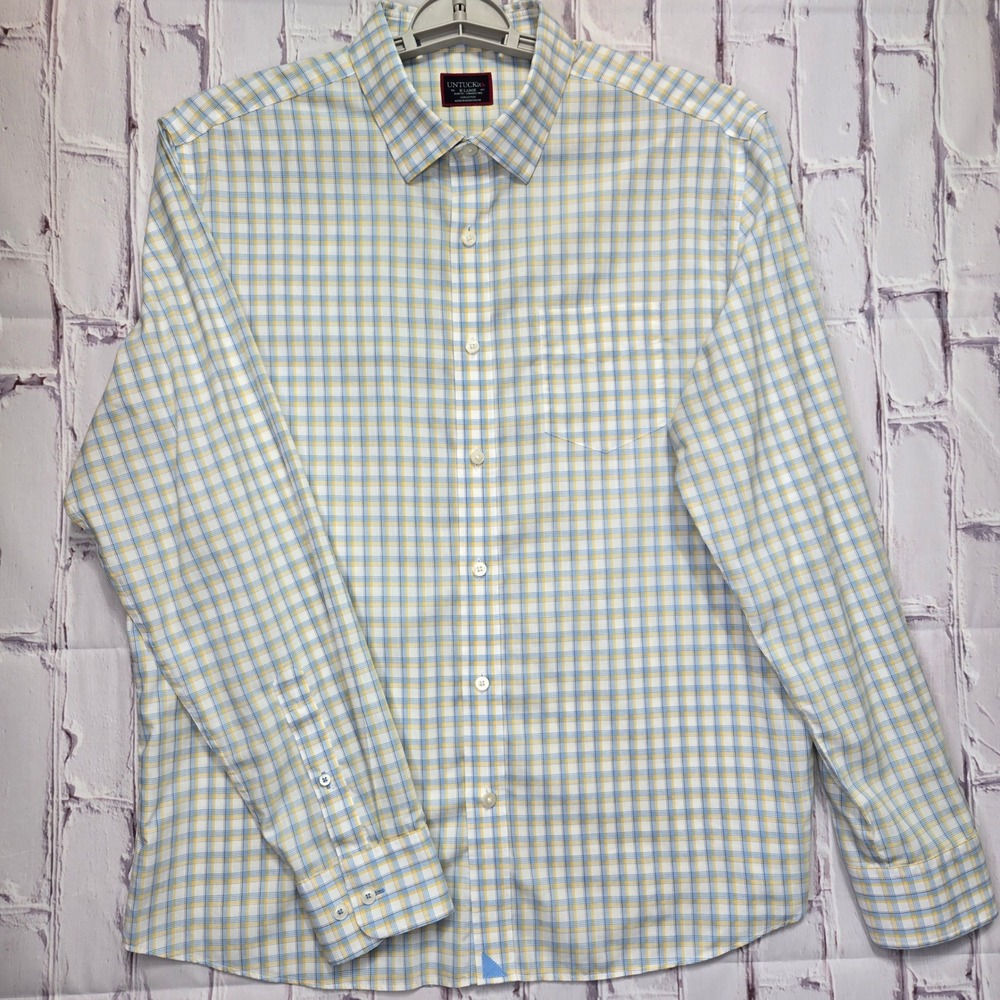 UNTUCKit Vielles WF Slim Fit Blue Yellow Plaid Wrinkle Free Shirt Mens XL 41128